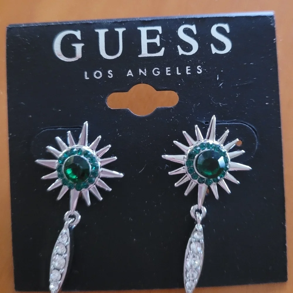 Guess‎ 90's Silver Black and Green Crystal Drop Statement Earrings